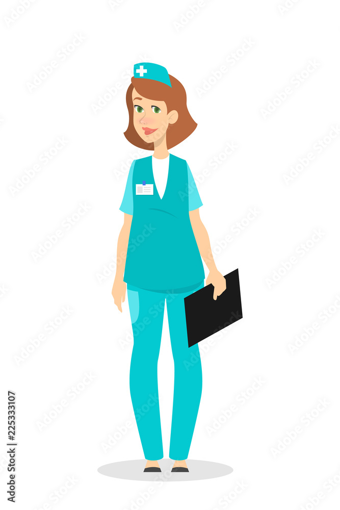 Female nurse in uniform standing holding clipboard