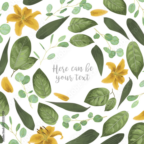 Vector card floral design with green watercolor, herbs, leaves eucalyptus, yellow lily, botanical green background, decorative round frame, square. Wedding invite, cute greeting