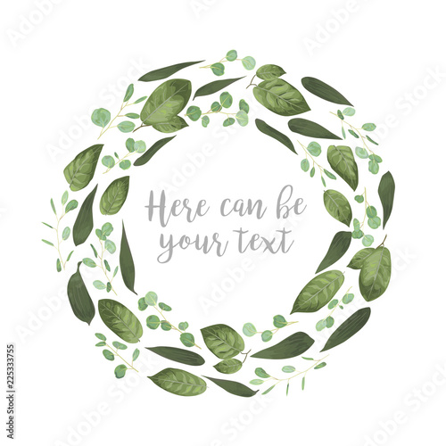 Vector card floral design with green watercolor, herbs, leaves eucalyptus, lily leaves, botanical green, decorative round frame. Wedding invite, cute greeting