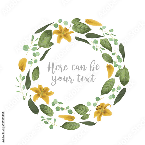 Vector card floral design with green watercolor, herbs, leaves eucalyptus, yellow lily, botanical green, decorative round frame. Wedding invite, cute greeting