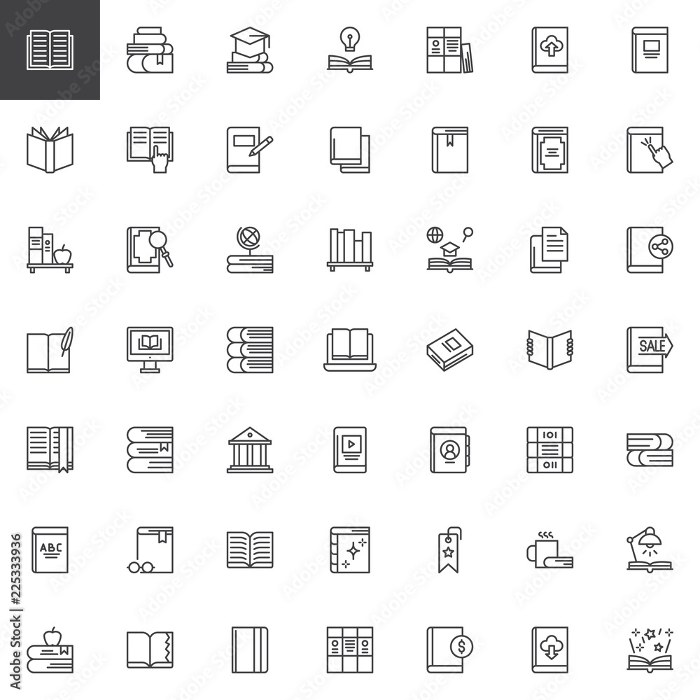 Books and education outline icons set. linear style symbols collection, line signs pack. vector graphics. Set includes icons as textbook, graduation hat, idea lamp, ebook, library building, bookmark