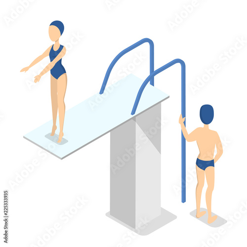 Girl standing on trampoline in swimming pool