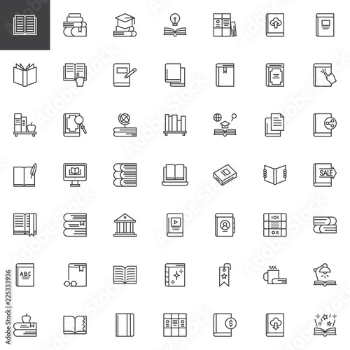 Books and education outline icons set. linear style symbols collection, line signs pack. vector graphics. Set includes icons as textbook, graduation hat, idea lamp, ebook, library building, bookmark