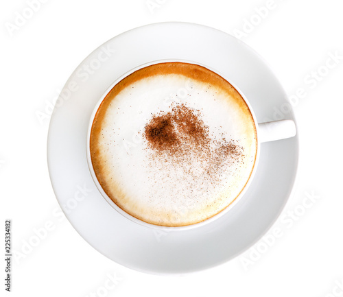 Top view of hot coffee latte cappuccino isolated on white background  clipping path included
