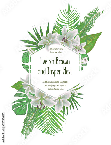 Wedding floral invitation, invite card. Vector watercolor style, white lily flowers, tropical palm leaves, monstera, kentia palm trees, diffenbachia, coconut, geometric