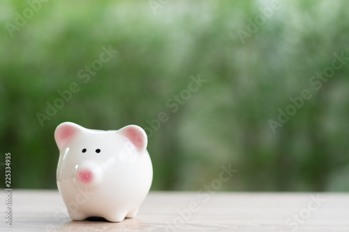 A pig bank on the table and green background concept saving money and investment for the future and retirement.