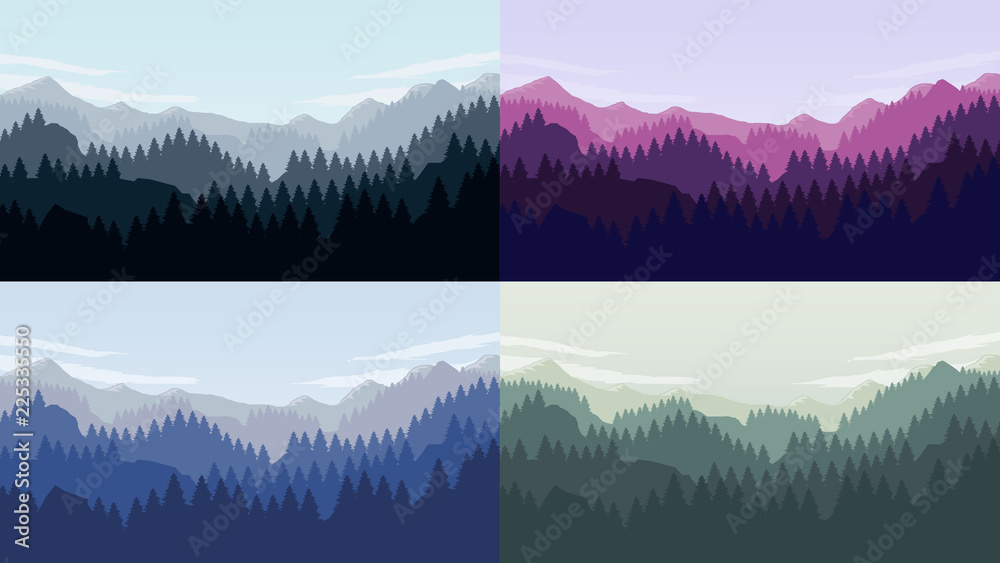 Naklejka Coniferous forest silhouette template landscapes set with mountains, sky and woods