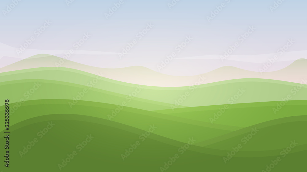 Green landscape summer rural valley nature banner hills template with sky, mountains and meadows