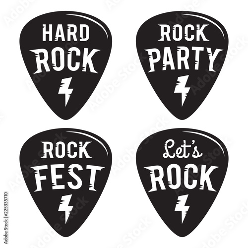 Rock fest badge/Label vector set. Heavy metal hipster logo guitar pick mediators