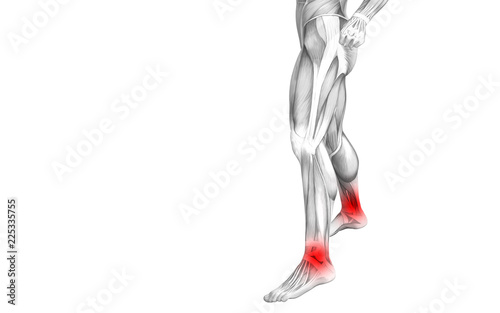Conceptual ankle human anatomy with red hot spot inflammation or articular joint pain for leg health care therapy or sport muscle concepts. 3D illustration man arthritis or bone osteoporosis disease