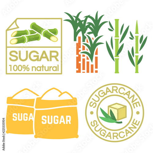 Sugar and sugar cane labels, icons isolated on white vector illustration
