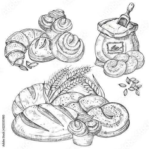 Vector bakery product hand drawn elements for menu, flyers, banner, background illustration