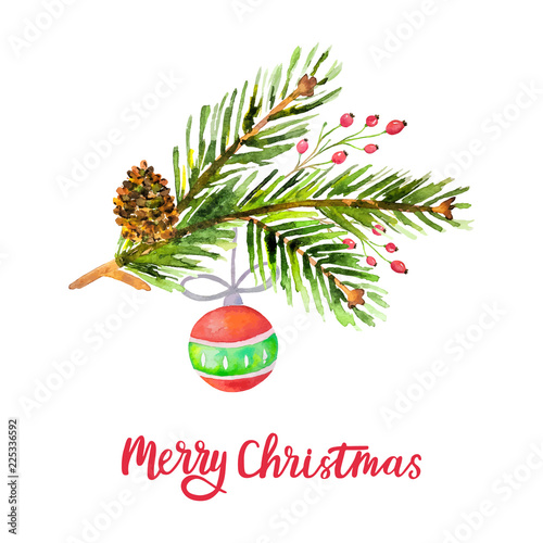 Watercolor Merry Christmas background with pine branches, cone, holly berries, christmas ball isolated on white background. Holiday floral design. Vector illustration