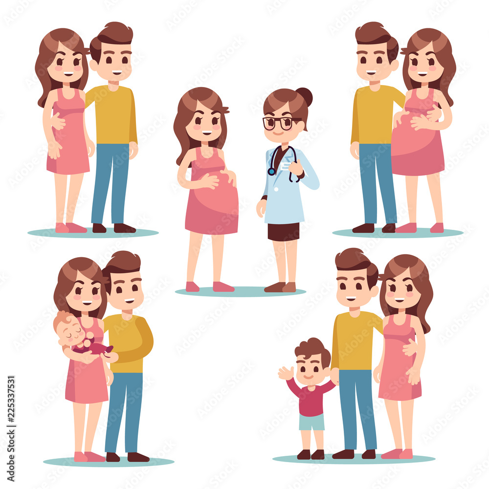 Happy pregnancy. Pregnant woman mom, man father and healthy lovely newborn baby. Young family cartoon vector characters set. Illustration of mother pregnancy, pregnant mom, father with baby mother Happy pregnancy. Pregnant woman mom, man father and healthy lovely newborn baby. Young family cartoon vector characters set. Illustration of mother pregnancy, pregnant mom, father with baby mother