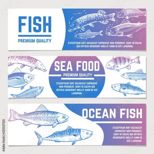 Fish banners. River and ocean sketch fishes seafood packaging vector labels. Poster and banner packaging for seafood illustration
