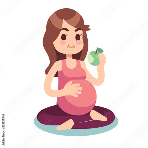 Pregnancy diet concept. Pregnant eating apple in lotus pose. Healthy food and fitness lifestyle vector illustration. Pregnant female, pregnancy woman diet