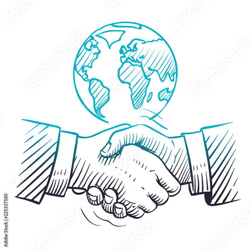 Hand drawn handshake. International business concept with handshaking and globe. Sketch global partnership leadership vector background. Illustration of respect partner and congratulating