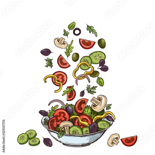 Salad background. Hand drawn healthy food ingredients. Mushrooms cucumbers, tomatoes olives and lettuce leaves. Vector vegetarian meal. Illustration of salad organic pepper and mushroom