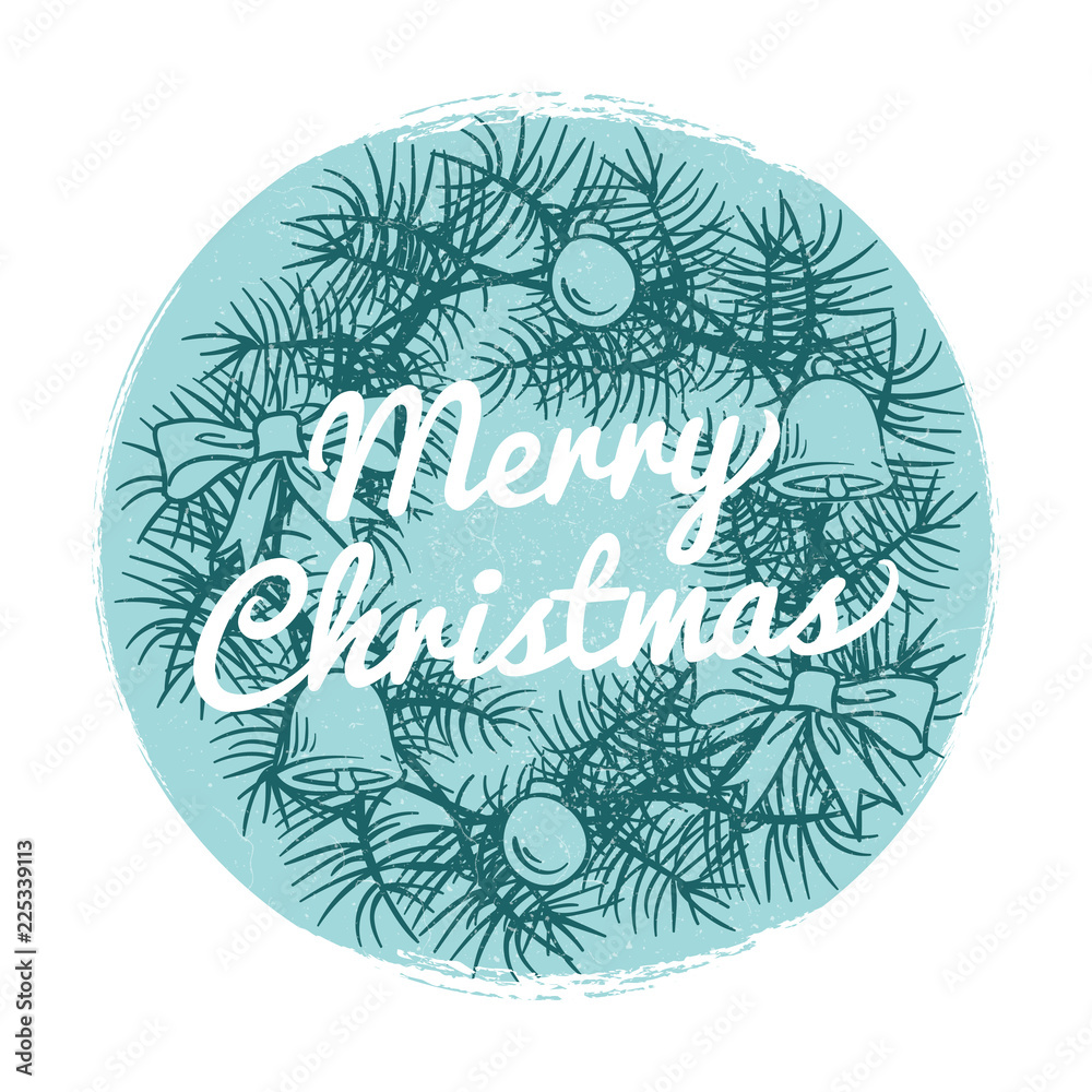 Fototapeta premium Round vintage Christmas banner with hand drawn wreath and text Merry Christmas isolated on white. Vector illustration
