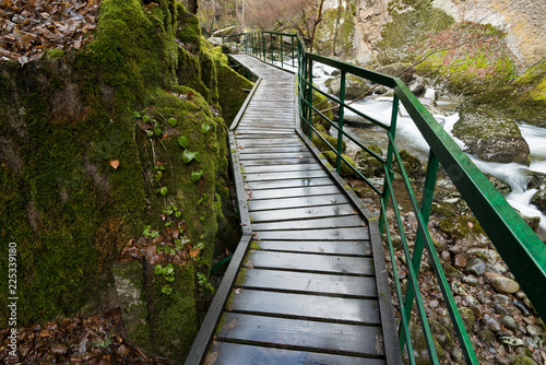 Bridge for hikers in the gorge of the Devinska River in Bulgaria during winter