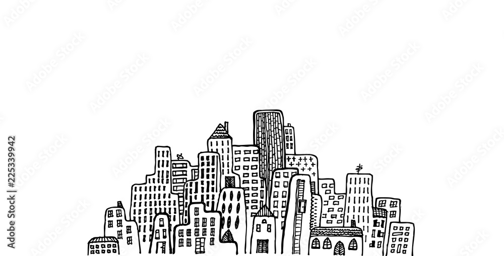 Black and white hand draw vector illustration of cityscape with different height buildings. Oldstyle and also skyscrapers buildings.
