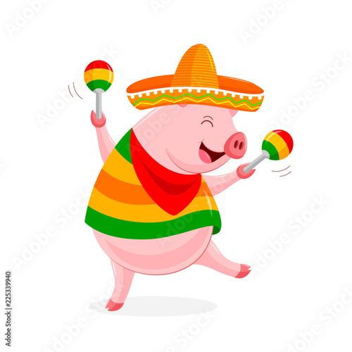 Funny cartoon pig characters with mexican costume and maracas. Vector illustration isolated on white background.