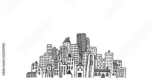 Black and white hand draw vector illustration of cityscape with different height buildings. Oldstyle and also skyscrapers buildings.