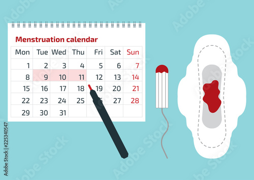 A calendar with the menstrual days marks and menstrual pad with blood drop. Vector illustration of blood period calendar. Menstruation period pain protection. Feminine hygiene, monthlies rainy days.