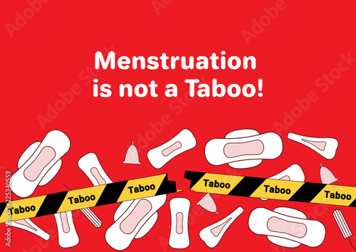 Women health concept illustration, some aspects of women wellness in monthlies period. Menstrual pads, tampons. Woman critical days. Menstruation cycle period. Sanitary woman hygiene is not a taboo.