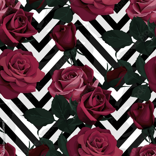Deep red roses vector seamless pattern. Dark flowers on black and white chevron background, flowered textures