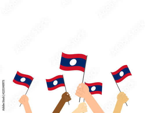 Vector illustration hands holding Laos flags on white background 