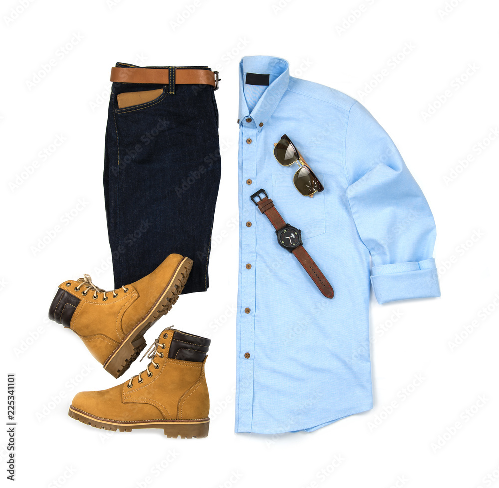 Mens Casual Outfits For Man Clothing With Brown Shoes Watch Belt Trousers  Blue Shirt And Wallet Isolated On White Background Top View Stock Photo -  Download Image Now - iStock