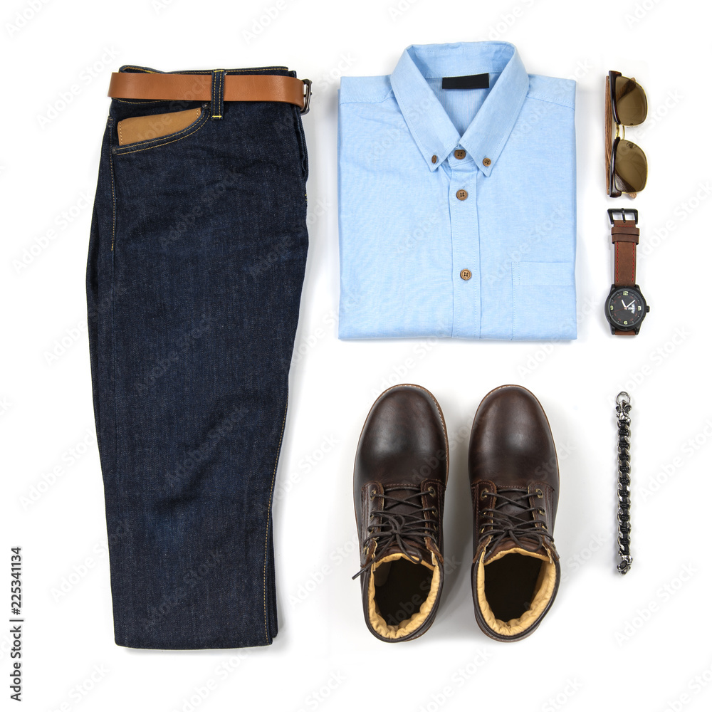 Men's casual outfits for man clothing with brown boot , watch, blue jeans, belt, wallet, sunglasses, office shirt and bracelet isolated on white background, Top view Men's casual outfits for man clothing with brown boot , watch, blue jeans, belt, wallet, sunglasses, office shirt and bracelet isolated on white background, Top view