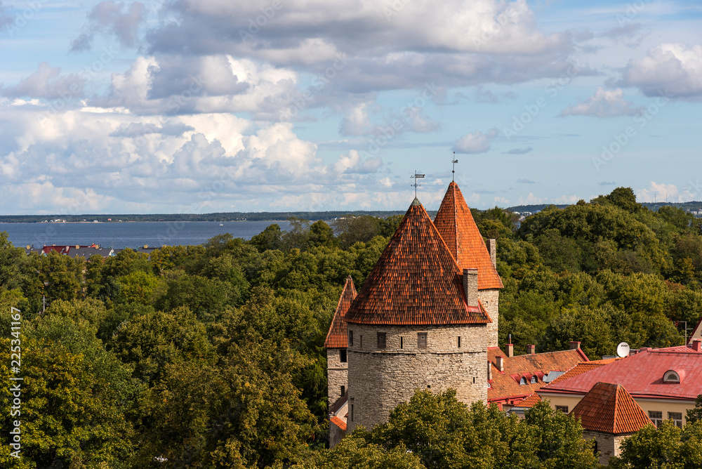 Amazing panoramic view of the city wall and towers Old Town of Tallin, Estonia
