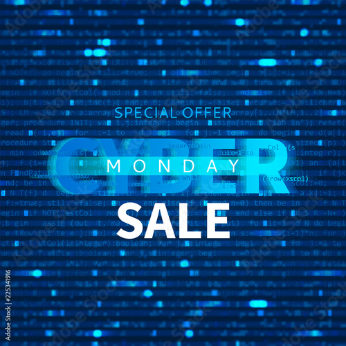 Cyber Monday sale background with program code. Promo Blur Effect banner. Vector Illustration with concept of Programming. Seasonal discount offer.