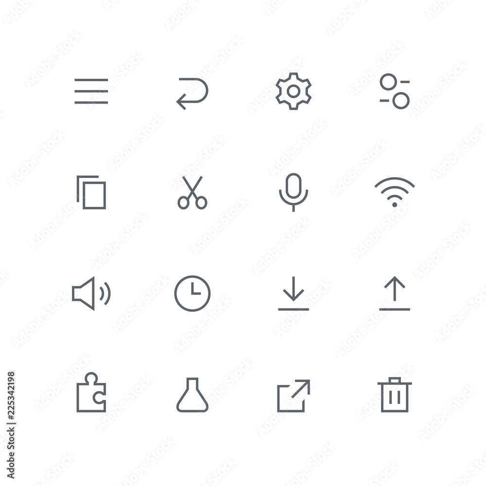 Main outline icon set - menu, arrow, gear wheel, switch, file, scissors,  microphone, wi fi, loudspeaker, clock, puzzle, test tube, link and basket  symbol. Internet, system and technology vector signs. Stock Vector