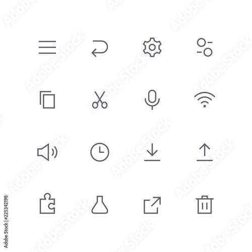 Main outline icon set - menu, arrow, gear wheel, switch, file, scissors, microphone, wi fi, loudspeaker, clock, puzzle, test tube, link and basket symbol. Internet, system and technology vector signs.