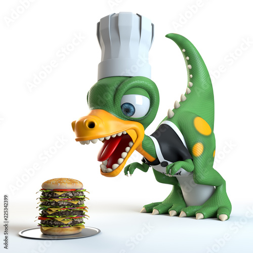 Fototapeta Naklejka Na Ścianę i Meble -  funny dinosaur cook with hamburger over white background