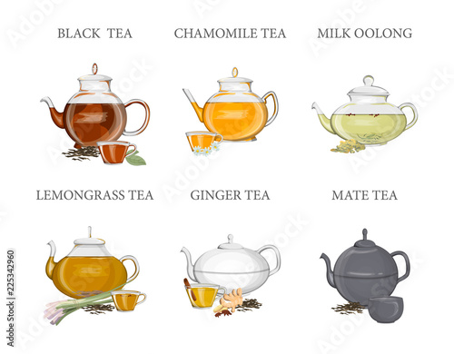 Tea types set. Kettle with hot drink