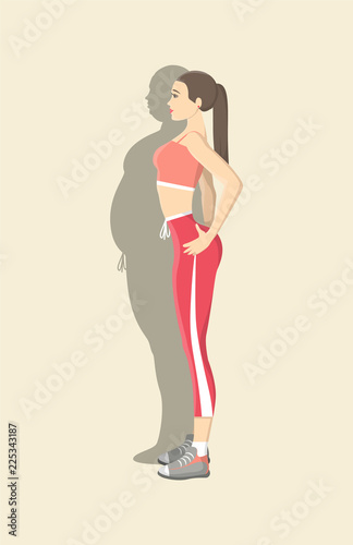 Slim fit woman standing with fat shadow