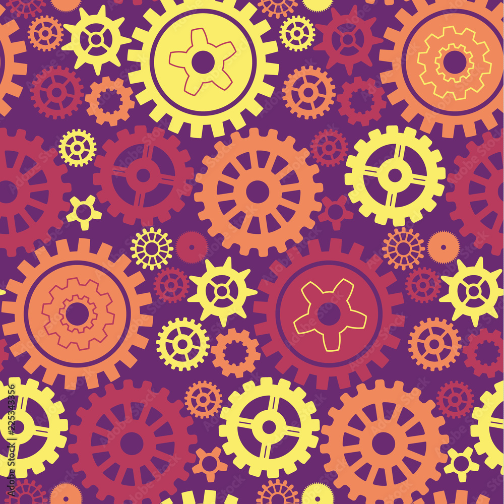 Gears, colored seamless pattern. Vector background.