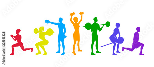 Bright colorful silhouette set of training people.