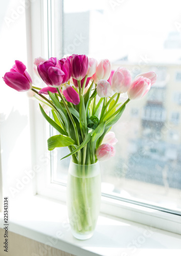 A bouquet of tulips in a vase. Soft selective focus