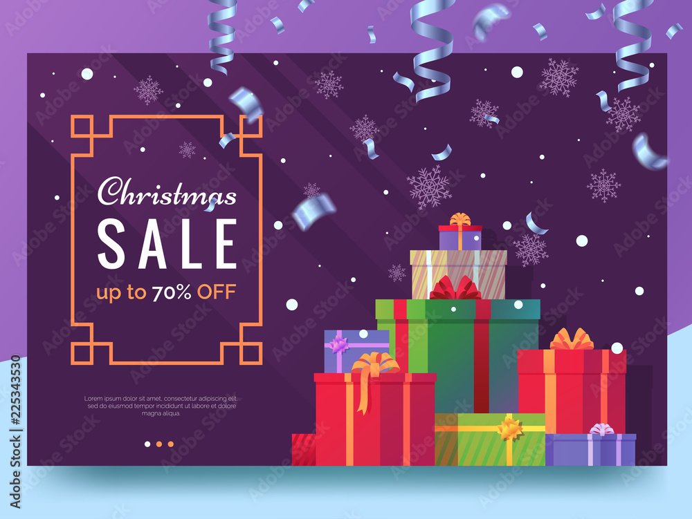 Christmas sale banner design. Christmas card with colorful holiday gifts, falling snowflakes , frame, and confetti. Winter advertising flyer. Festive seasonal decorative elements. Vector eps 10.