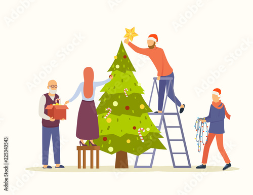 People decorating big Christmas tree vector flat illustration. Family decorates the tree for new year and christmas. Preparation for winter holidays. Eps 10.