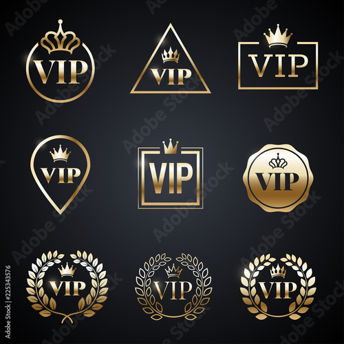 Golden VIP label set isolated on dark background. Symbol of exclusivity. Vip icons with crown, frame and laurel wreath. Luxury premium badge. Decoration elements for your design. Vector eps 10.
