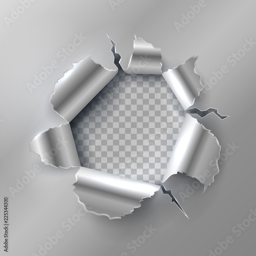 Bullet hole in metal. Opening with ripped steel edges. Vector illustration isolated on transparent background. Metallic aperture and edge projectile