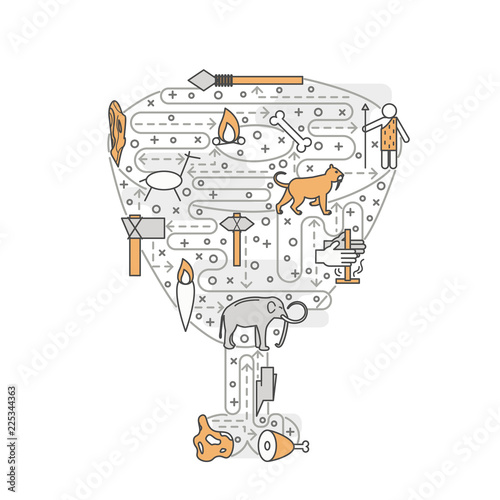 Vector thin line art cave people poster banner