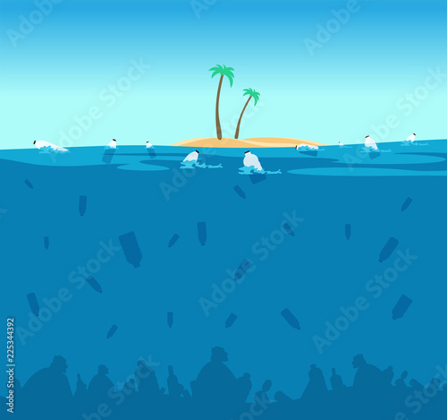Plastic pollution of ocean. Bottles, plastic bags and debris on the seabed. Water environment protection eco vector concept. Illustration of ocean plastic pollution, island with green palm in sea