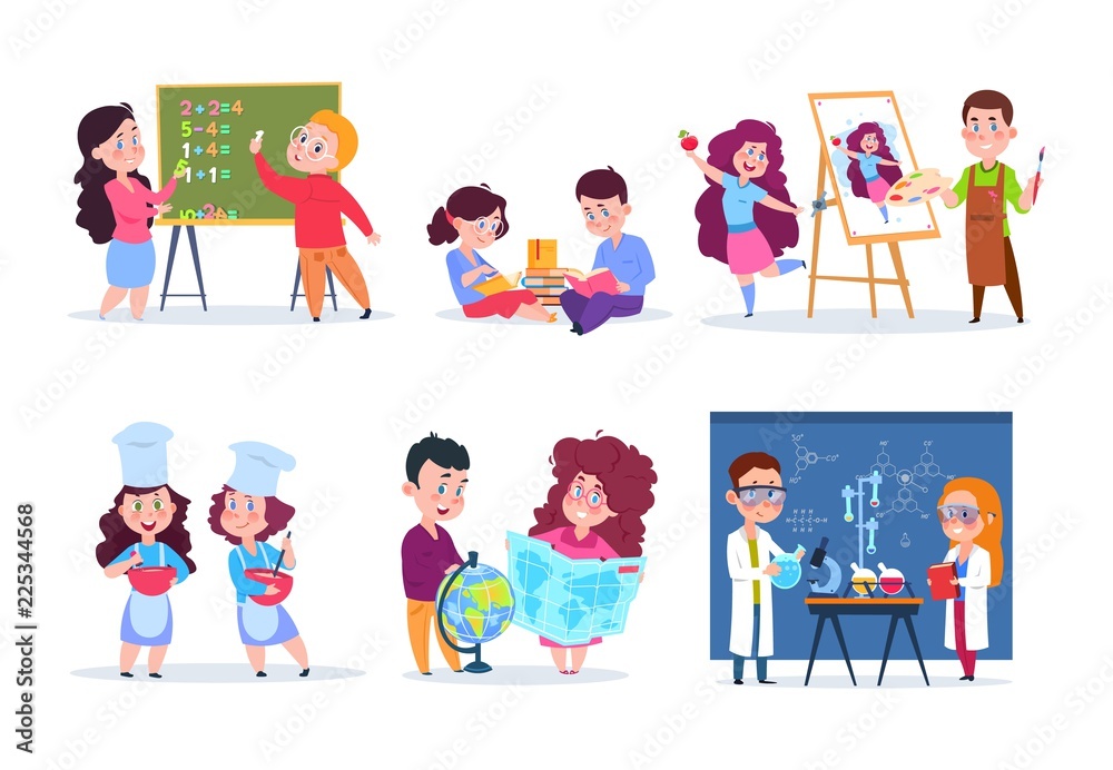 Children in lessons. School kids studying geography, chemistry, and math. Boys and girls read, draw and cook cartoon. Vector characters education lesson school, chemistry and geography Children in lessons. School kids studying geography, chemistry, and math. Boys and girls read, draw and cook cartoon. Vector characters education lesson school, chemistry and geography